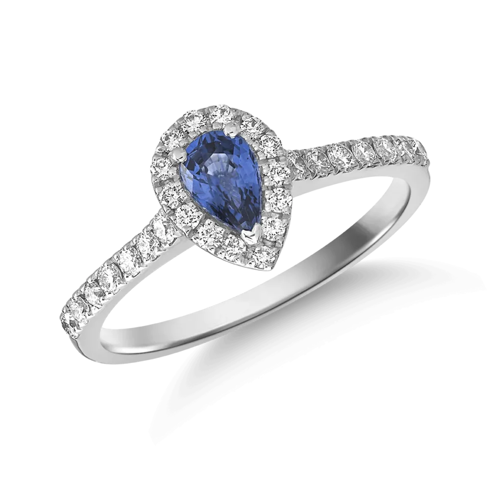 Inel din aur alb cu safir pear de 0.5ct si diamante de 0.3ct