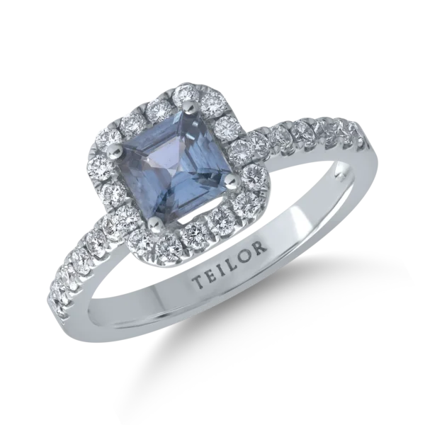 Inel din aur alb cu safir cushion de 0.7ct si diamante de 0.4ct
