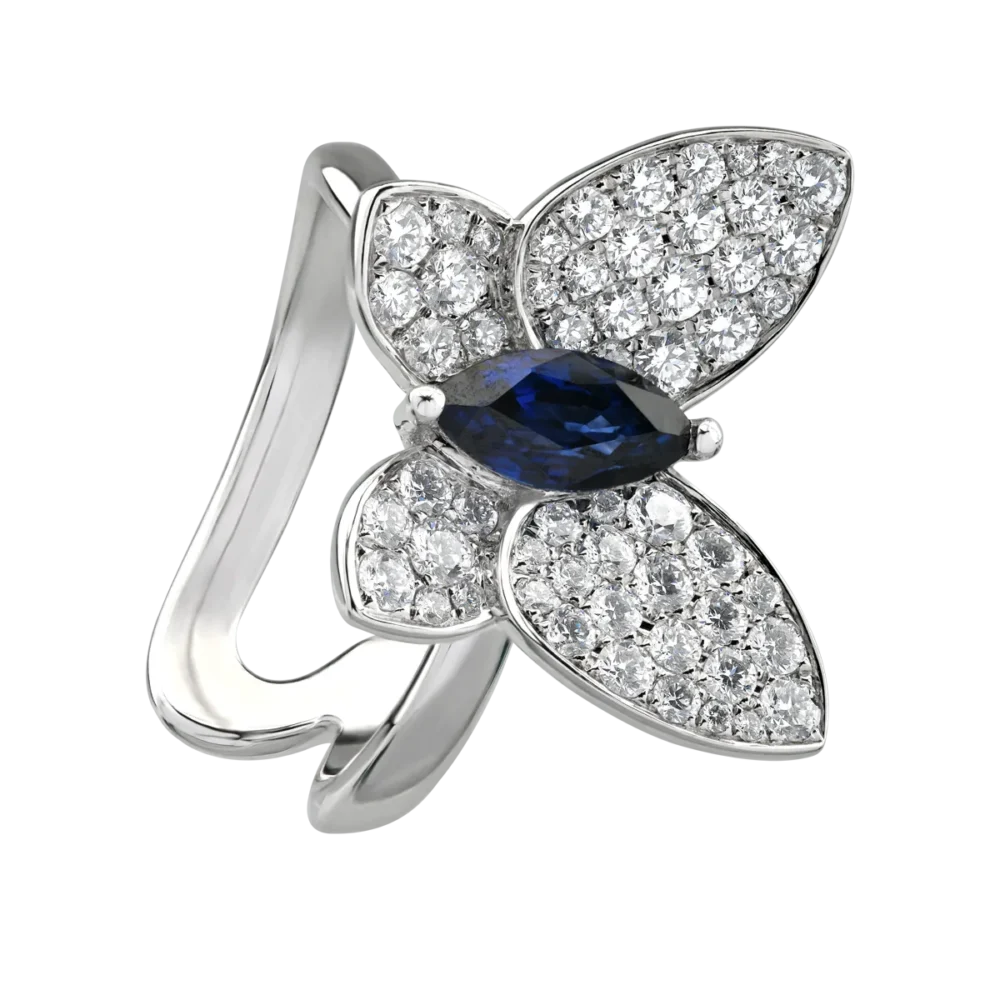 Inel fluture din aur alb cu safir pear de 0.9ct si diamante de 0.8ct