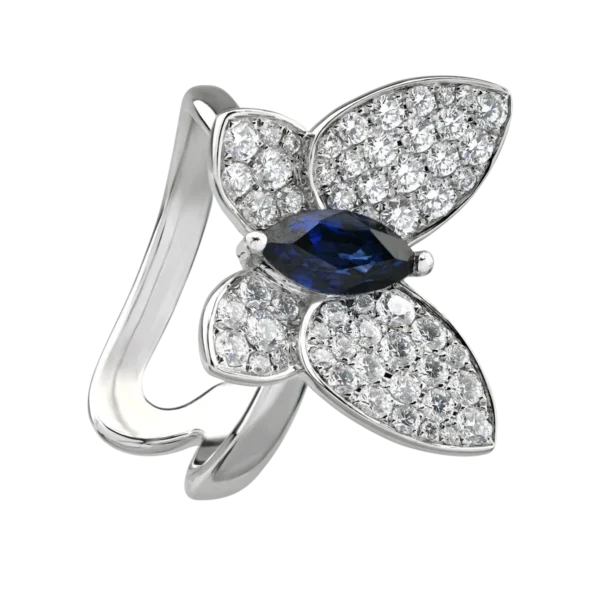 Inel fluture din aur alb cu safir pear de 0.9ct si diamante de 0.8ct