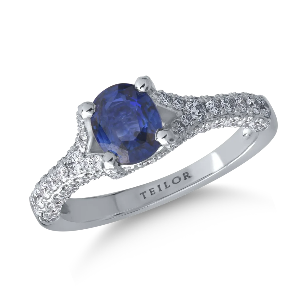 Inel din aur alb cu safir de 1.069ct si diamante de 0.76ct