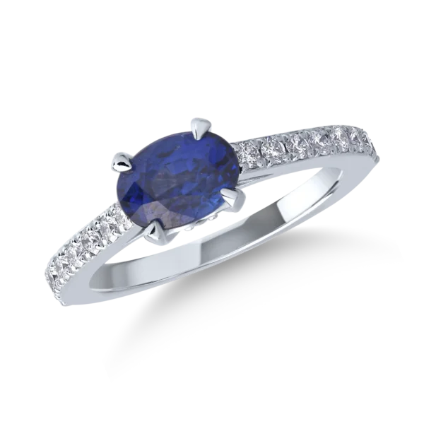 Inel din aur alb cu safir oval de 1.1ct si diamante de 0.2ct