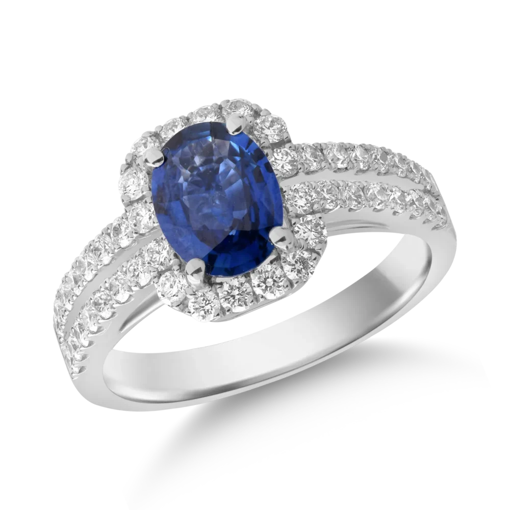 Inel din aur alb cu safir oval de 1.2ct si diamante de 0.6ct