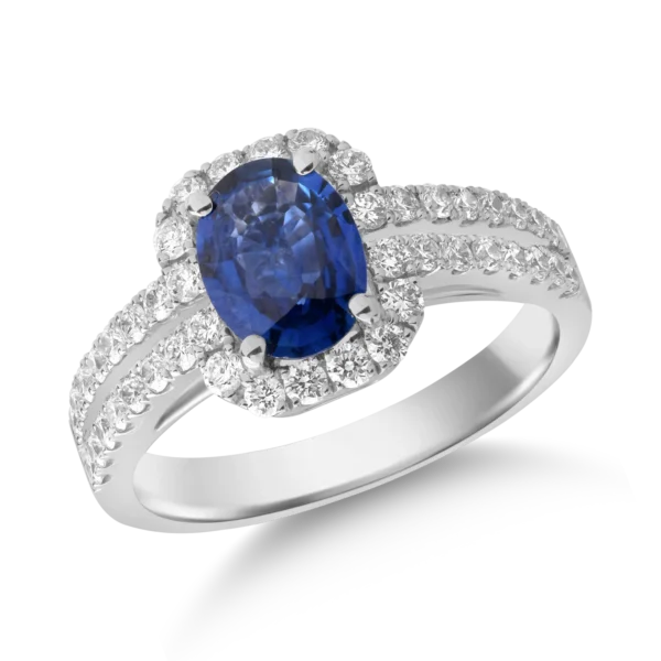 Inel din aur alb cu safir oval de 1.2ct si diamante de 0.6ct