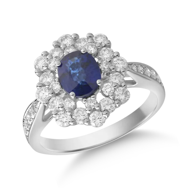Inel din aur alb cu safir oval de 1.2ct si diamante de 1ct