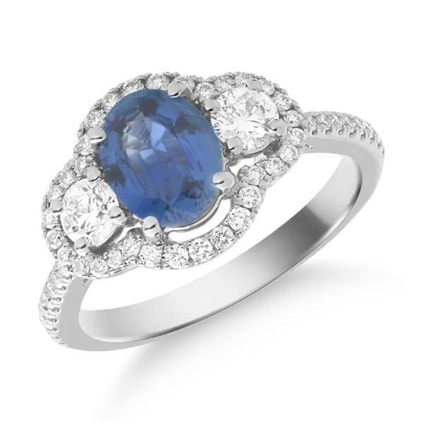 Inel din aur alb cu safir oval de 1.3ct si diamante de 0.6ct