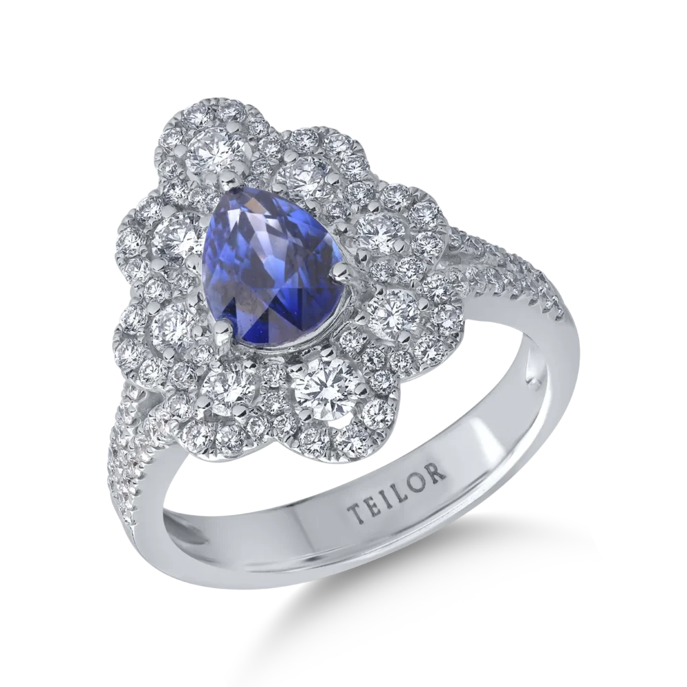 Inel din aur alb cu safir pear de 1.4ct si diamante de 0.9ct