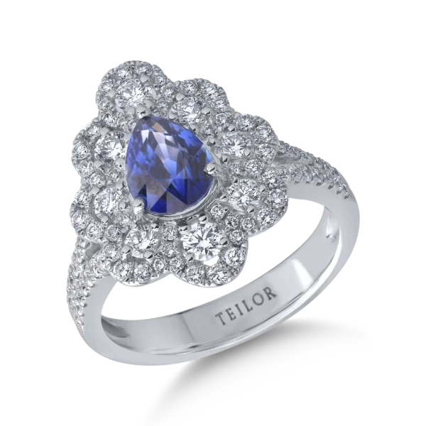 Inel din aur alb cu safir pear de 1.4ct si diamante de 0.9ct