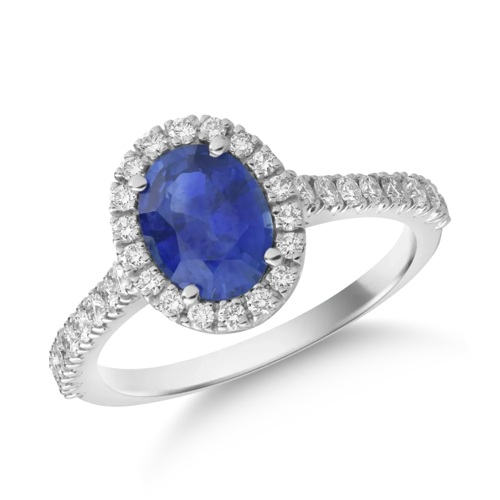 Inel din aur alb cu safir oval de 1.6ct si diamante de 0.4ct