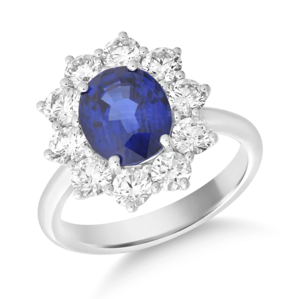 Inel din aur alb cu safir oval de 3.42ct si diamante de 1.62ct