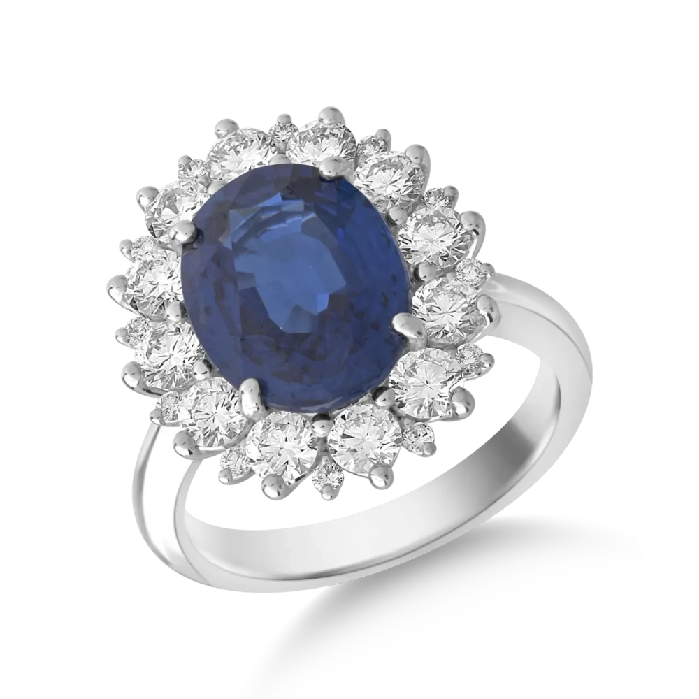 Inel din aur alb cu safir oval de 4.96ct si diamante de 1.37ct
