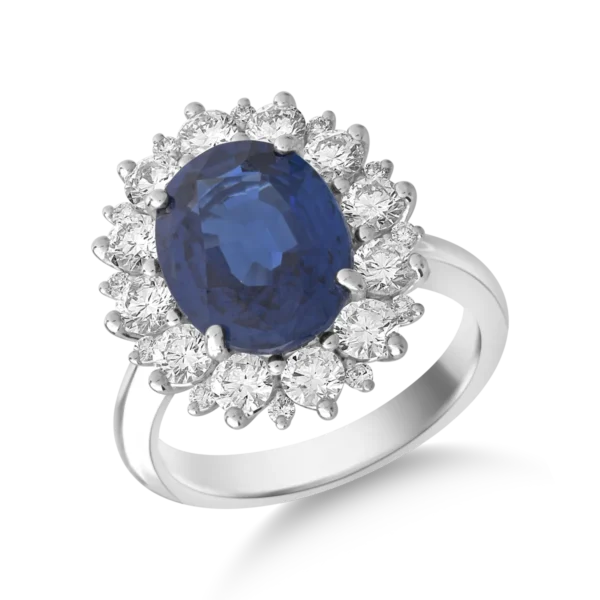 Inel din aur alb cu safir oval de 4.96ct si diamante de 1.37ct