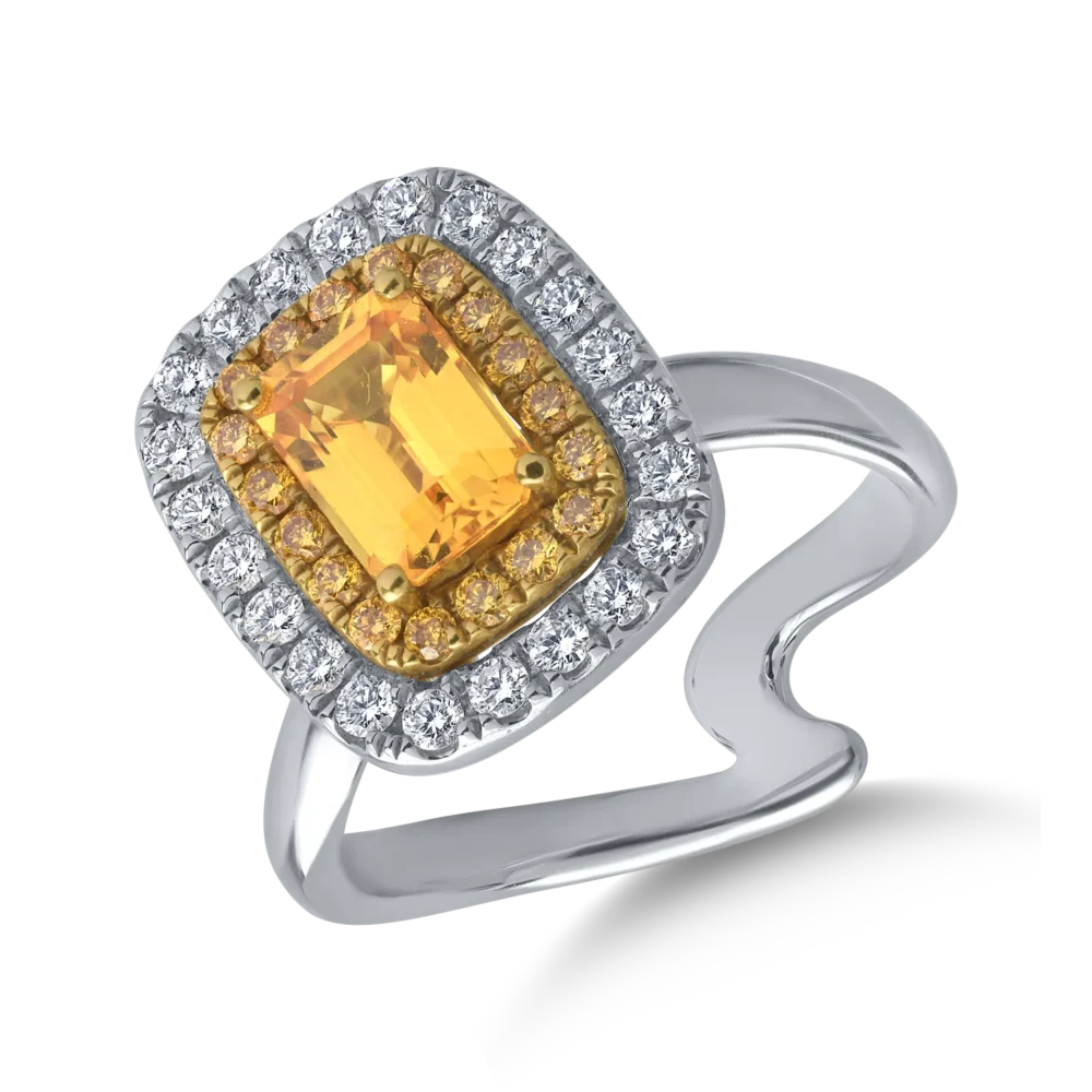 Inel din aur alb cu safir galben emerald de 1.4ct si diamante de 0.5ct