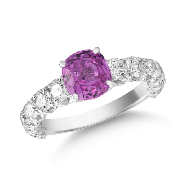 Inel din aur alb cu safir roz oval de 1.3ct si diamante de 1.2ct