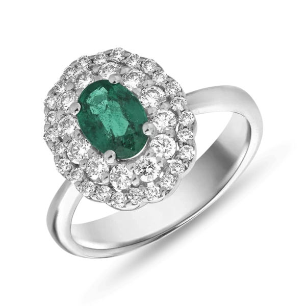 Inel din aur alb cu smarald oval de 0.7ct si diamante de 0.5ct
