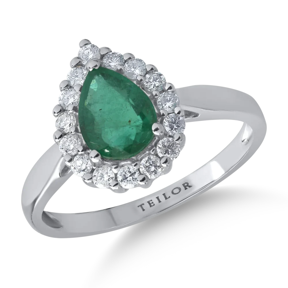 Inel din aur alb cu smarald oval de 0.9ct si diamante de 0.3ct