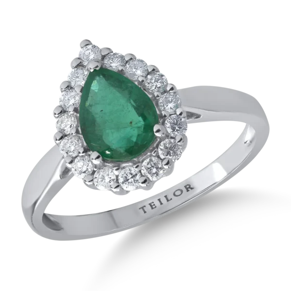 Inel din aur alb cu smarald oval de 0.9ct si diamante de 0.3ct