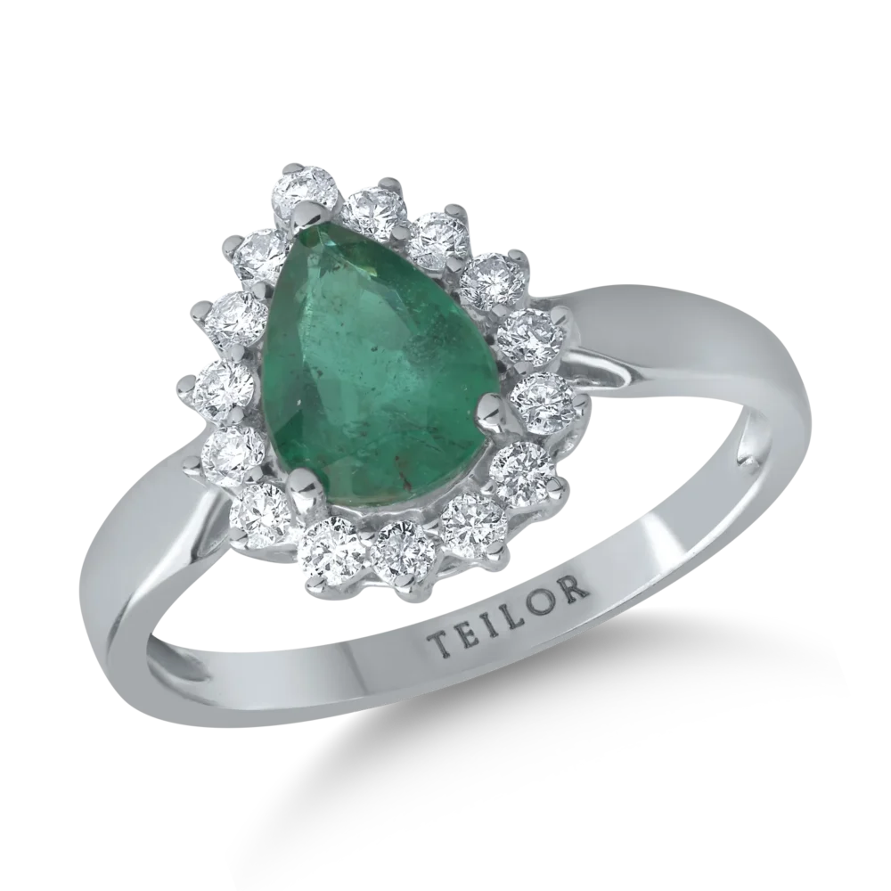 Inel din aur alb cu smarald pear de 1.07ct si diamante de 0.2ct