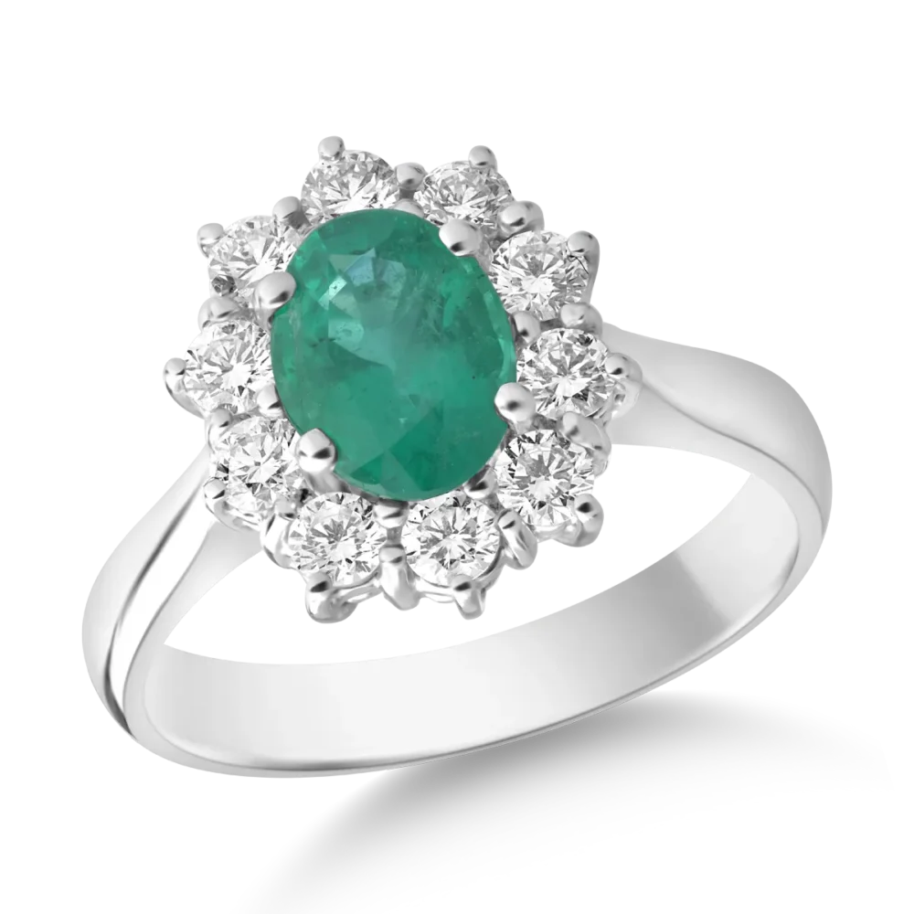Inel din aur alb cu smarald oval de 1.09ct si diamante de 0.5ct