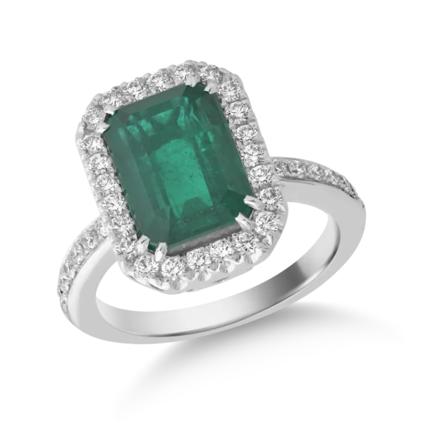 Inel din aur alb cu smarald octogonal de 4.68ct si diamante de 0.58ct