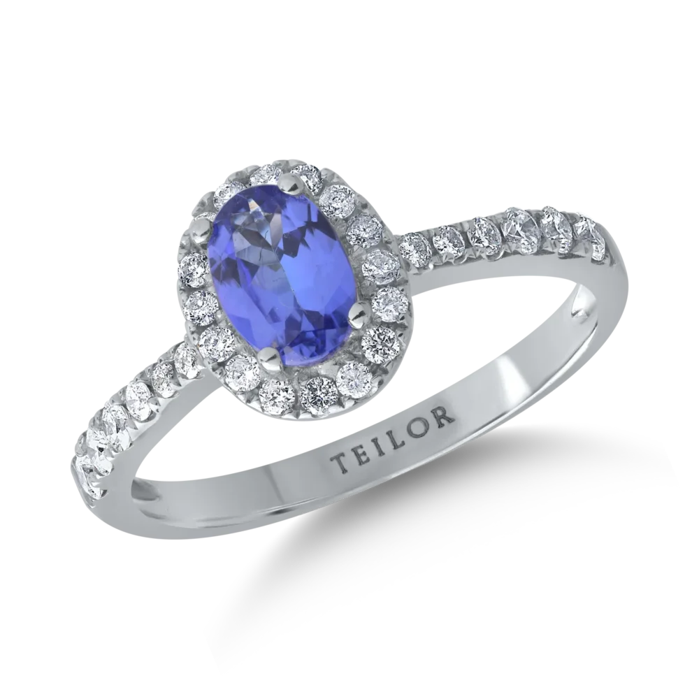 Inel din aur alb cu tanzanit oval de 0.6ct si diamante de 0.3ct