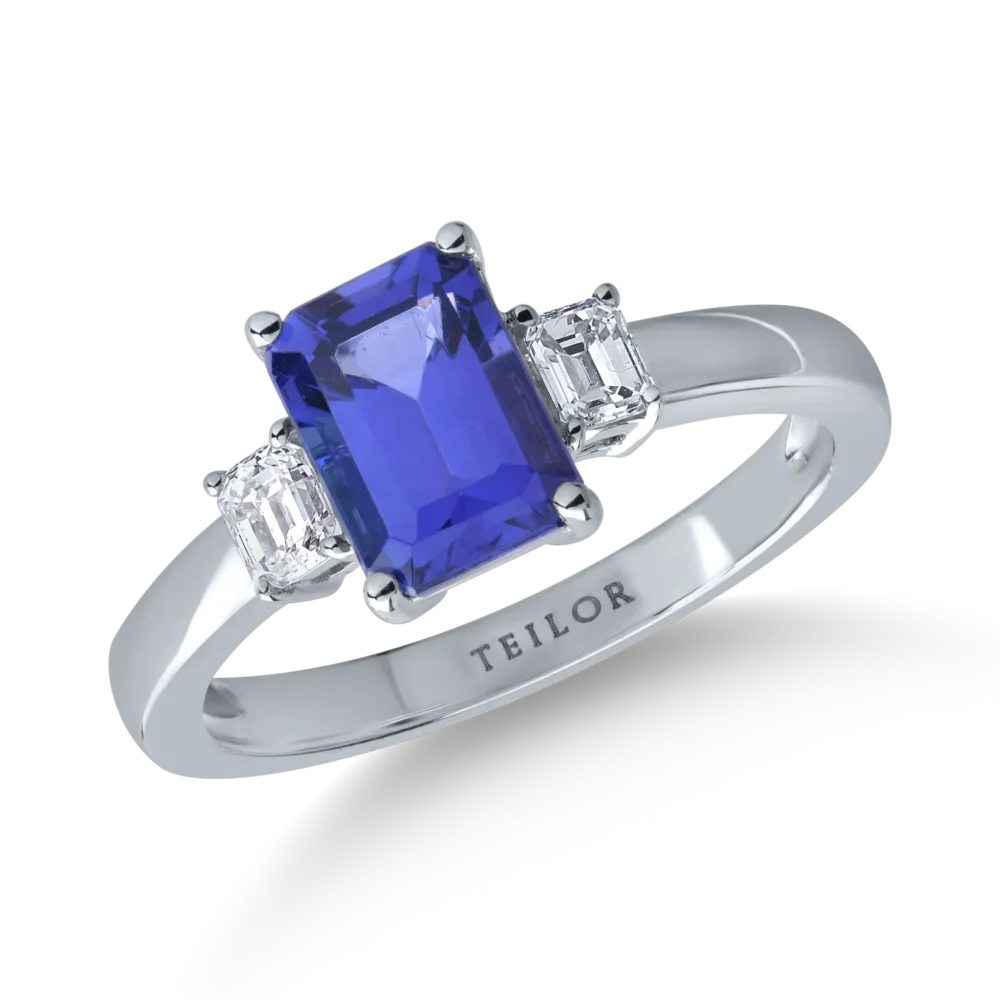 Inel din aur alb cu tanzanit emerald de 1.8ct si diamante de 0.3ct
