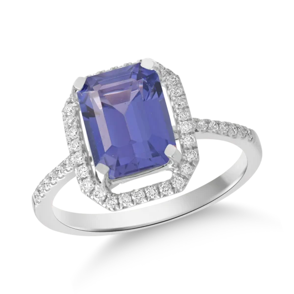 Inel din aur alb cu tanzanit octogonal de 1.9ct si diamante de 0.2ct