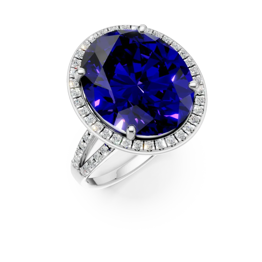 Inel din aur alb cu tanzanit oval de 12.3ct si diamante de 0.4ct