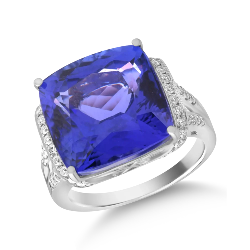 Inel din aur alb cu tanzanit de 14.15ct si diamante de 0.5ct