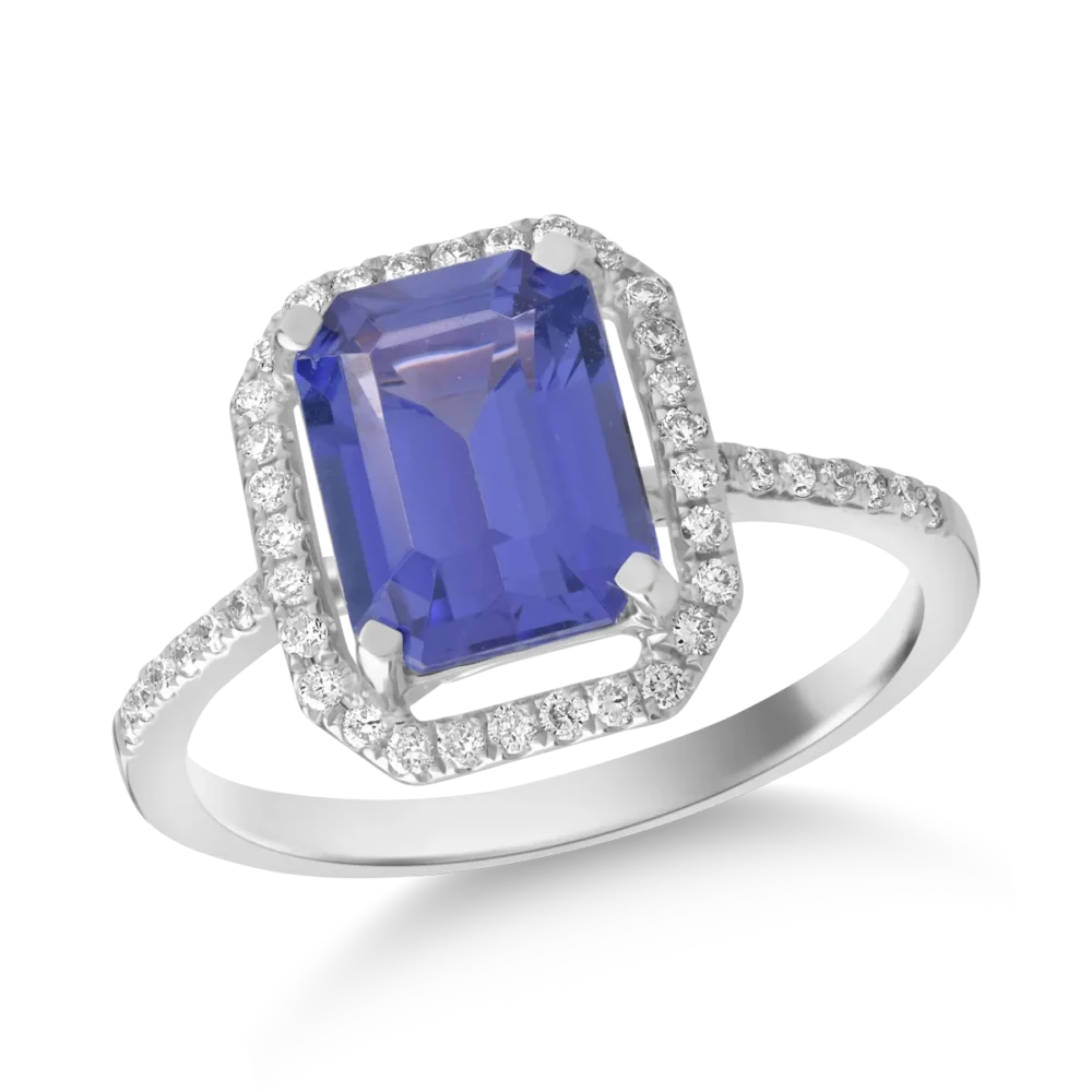 Inel din aur alb cu tanzanit octogonal de 2.06ct si diamante de 0.2ct