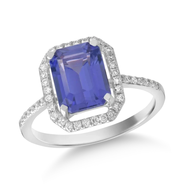 Inel din aur alb cu tanzanit octogonal de 2.06ct si diamante de 0.2ct