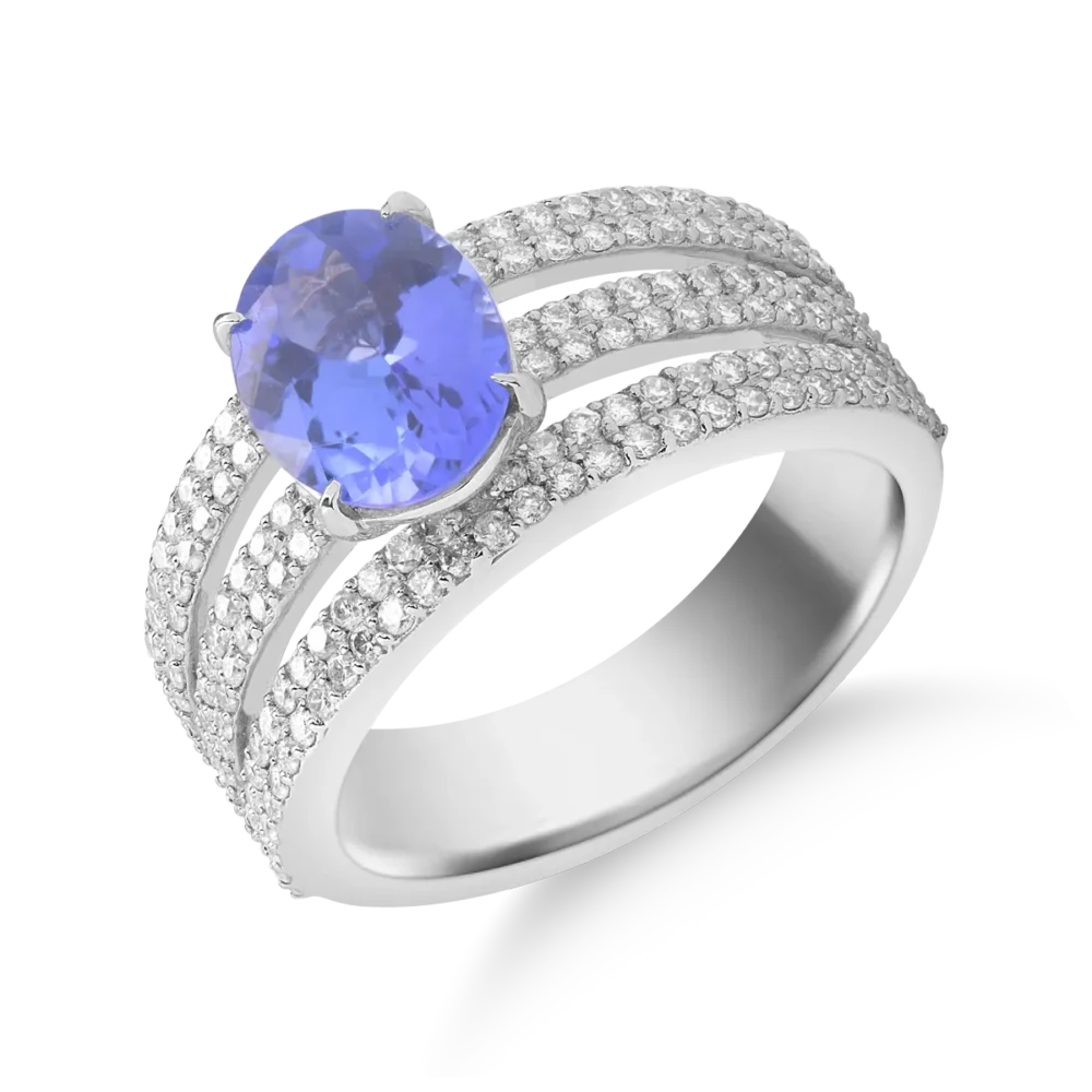 Inel din aur alb cu tanzanit oval de 2.09ct si diamante de 0.8ct