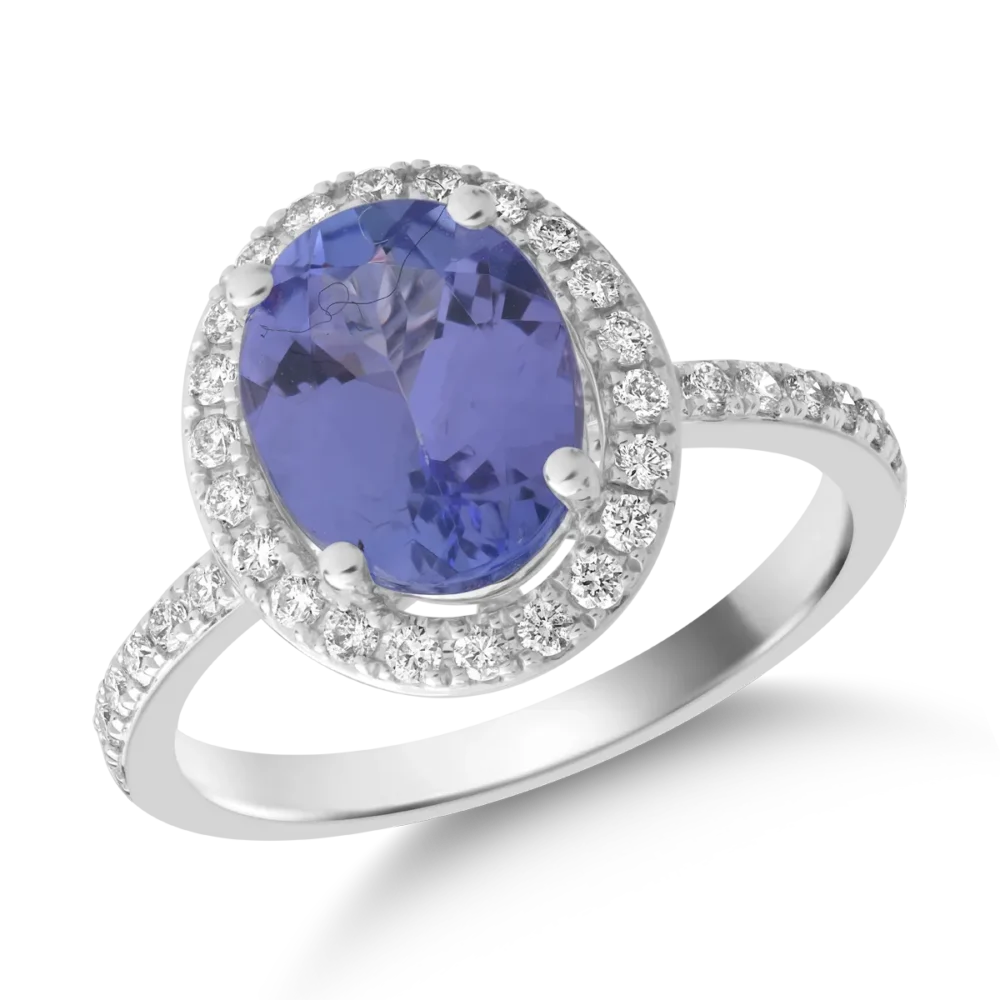 Inel din aur alb cu tanzanit oval de 2.1ct si diamante de 0.2ct