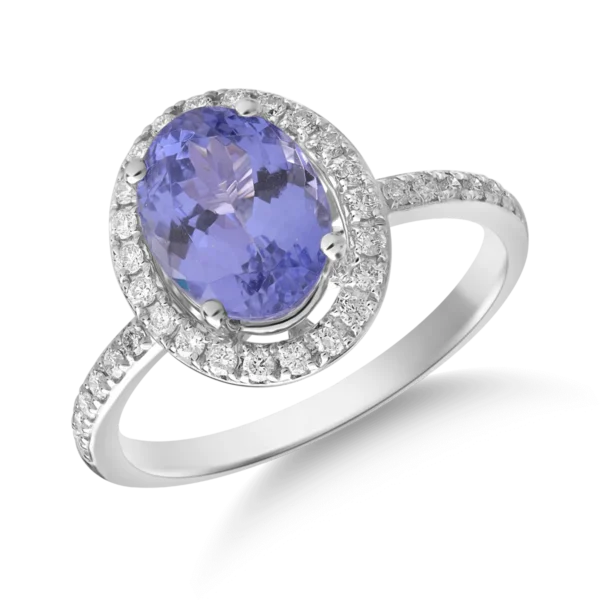 Inel din aur alb cu tanzanit oval de 2.1ct si diamante de 0.2ct