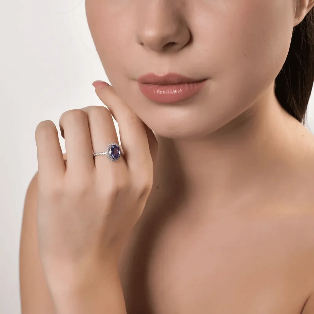 Inel din aur alb cu tanzanit oval de 2ct si diamante de 0.2ct - imagine 4