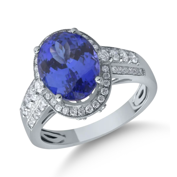 Inel din aur alb cu tanzanit oval de 4.1ct si diamante de 0.4ct