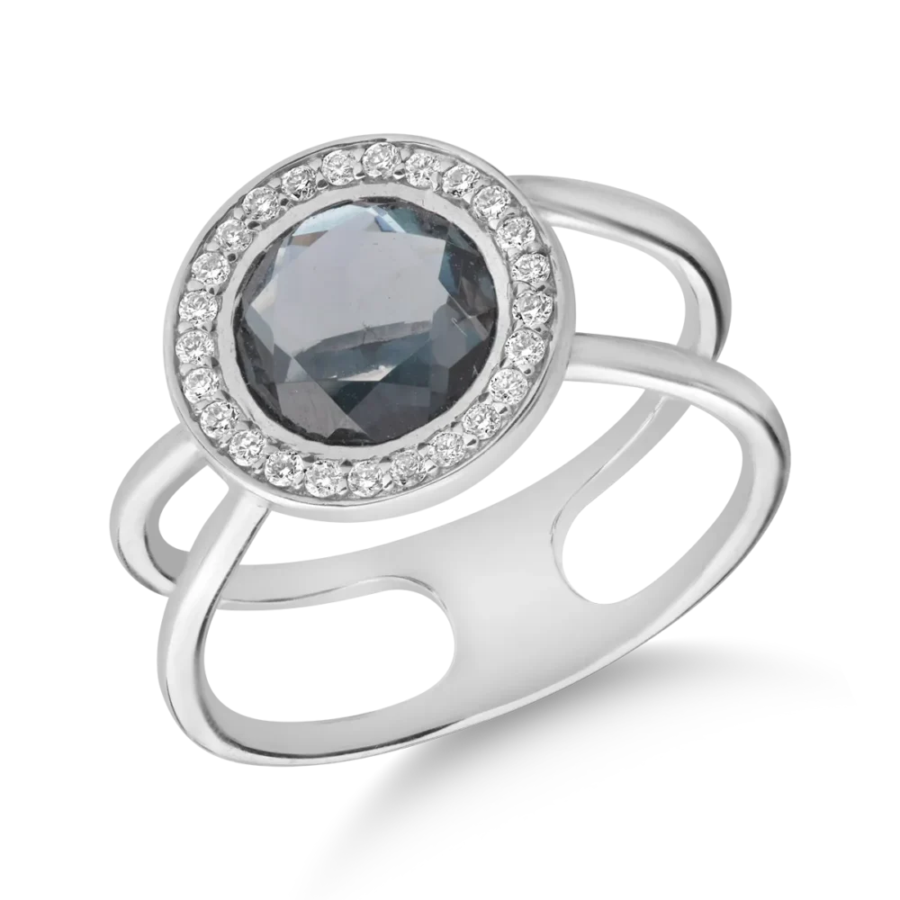 Inel din aur alb cu topaz London blue de 1.68ct si diamante de 0.156ct