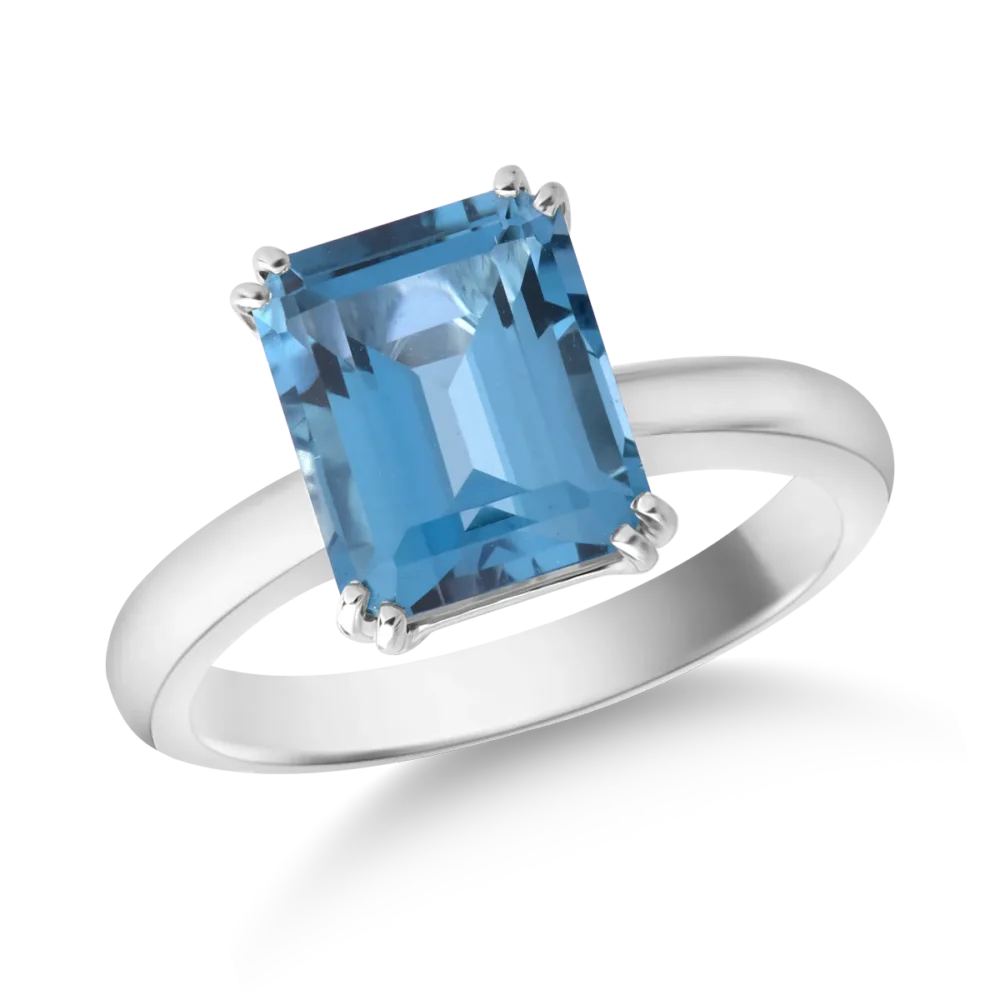 Inel din aur alb cu topaz London blue rectangular de 3ct si diamante de 0.01ct
