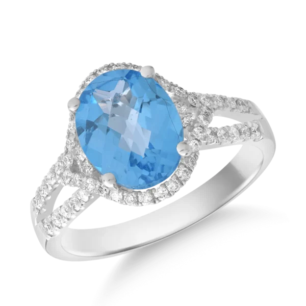 Inel din aur alb cu topaz albastru oval de 3.5ct si diamante de 0.3ct