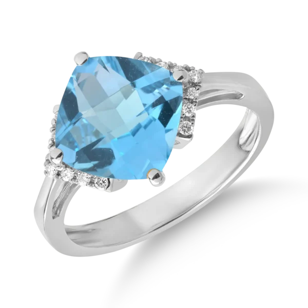 Inel din aur alb cu topaz albastru cushion de 3.6ct si diamante de 0.08ct