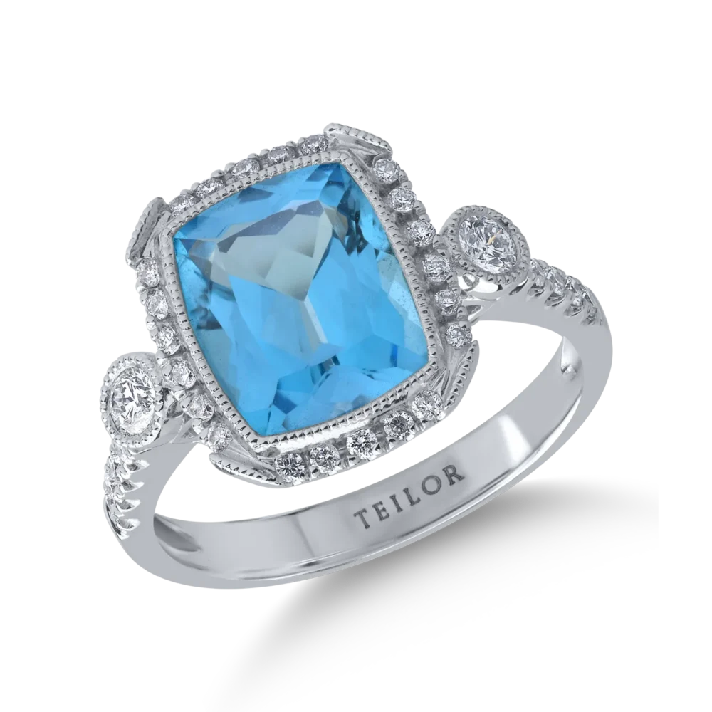 Inel din aur alb cu topaz albastru cushion de 4ct si diamante de 0.3ct