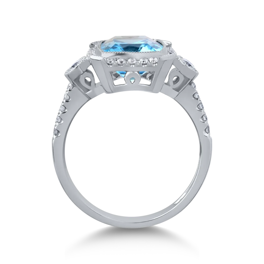 Inel din aur alb cu topaz albastru cushion de 4ct si diamante de 0.3ct - imagine 2