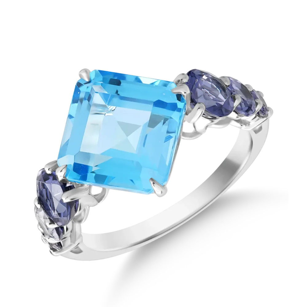 Inel din aur alb cu topaz albastru octogonal de 5.7ct si iolite de 0.8ct