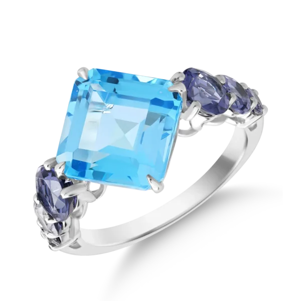 Inel din aur alb cu topaz albastru octogonal de 5.7ct si iolite de 0.8ct