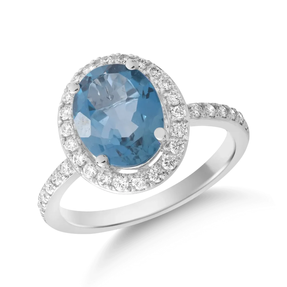 Inel din aur alb cu topaz oval de 2.2ct si diamante de 0.2ct