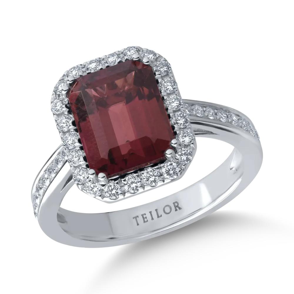 Inel din aur alb cu turmalina roz emerald de 3ct si diamante de 0.4ct