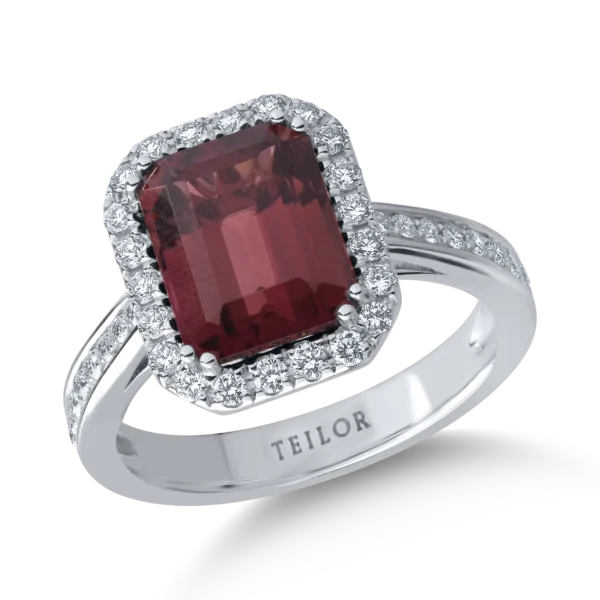 Inel din aur alb cu turmalina roz emerald de 3ct si diamante de 0.4ct