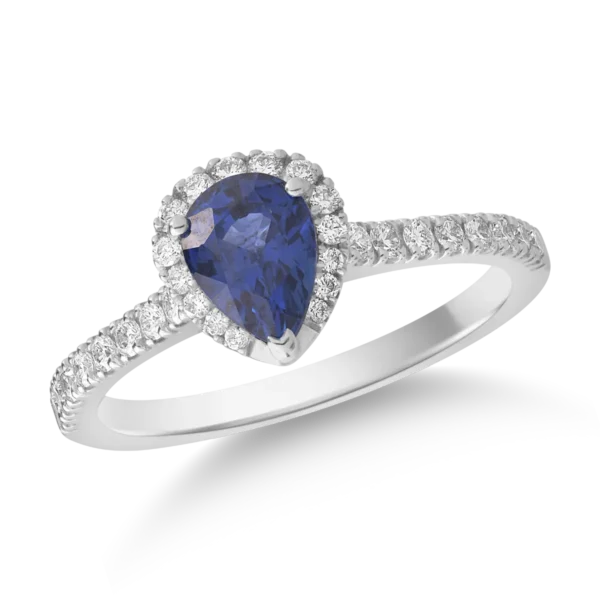 Inel din aur alb cu safir pear de 1.07ct si diamante de 0.3ct
