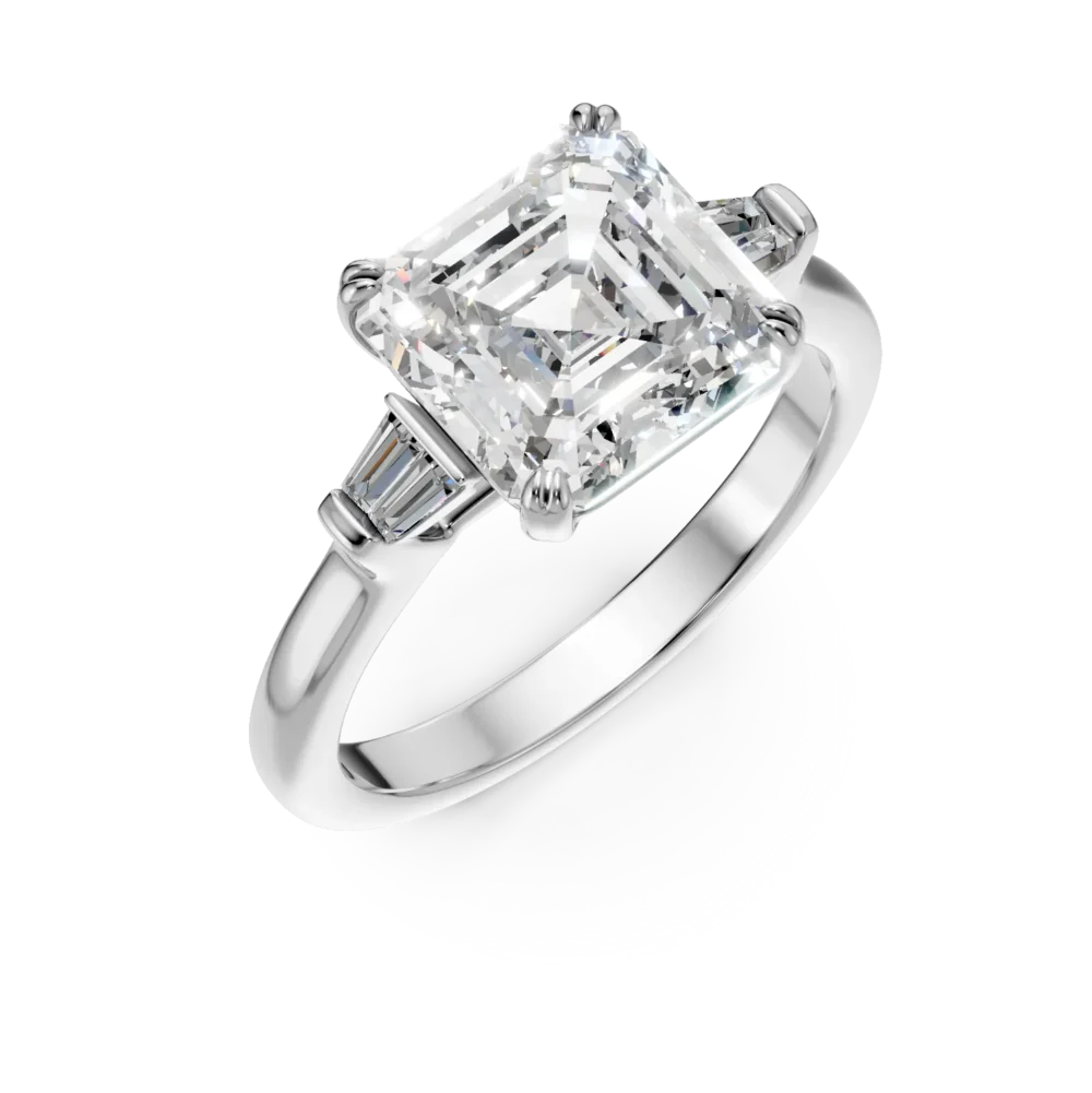 Inel din aur alb de cu diamant asscher de 3ct si diamante baguette tapered 0.1ct
