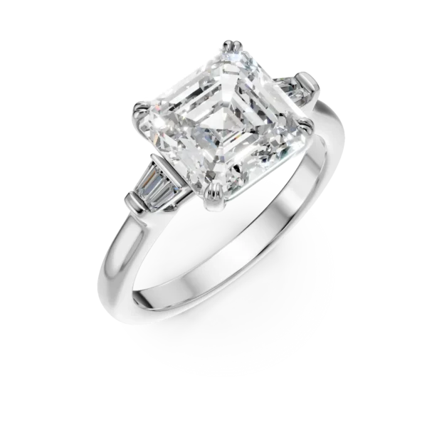 Inel din aur alb de cu diamant asscher de 3ct si diamante baguette tapered 0.1ct